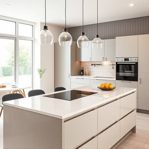 A kitchen island with a built-in induction cooktop and seating area, illuminated by pendant lights, creating a modern workspace.