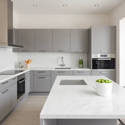 A minimalist kitchen design featuring pale stone countertops and muted grey cabinets, exemplifying Clarity Kitchens' design philosophy.