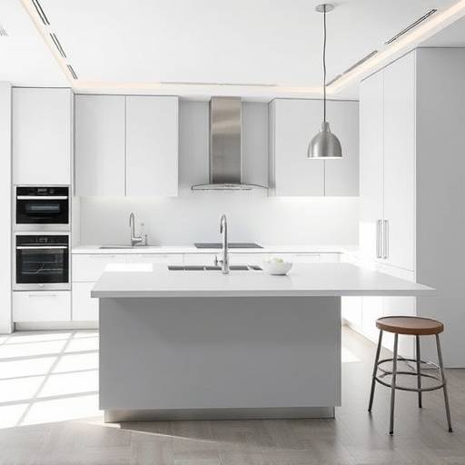 A minimalist kitchen layout featuring a central island, stainless steel appliances, and light grey cabinetry.