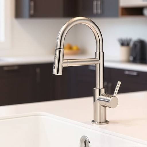 A sleek, stainless steel kitchen faucet with a pull-down sprayer, set against a white ceramic sink in a modern kitchen.