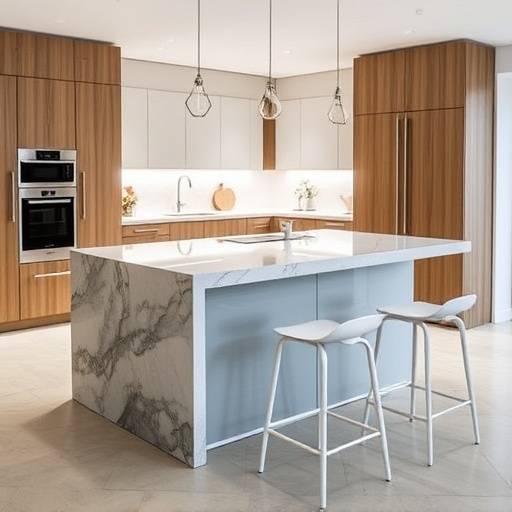 Kitchen island with waterfall edge and minimalist bar stools