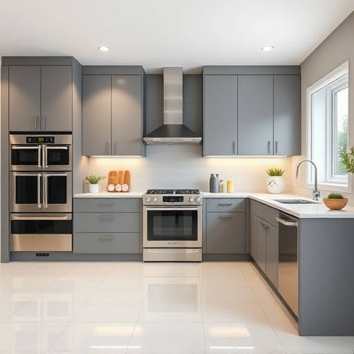 Modern kitchen with muted grey accents and stainless steel appliances
