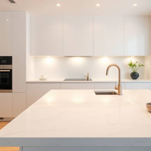 Soft, diffused lighting highlighting a kitchen's quartz countertop and minimalist design elements, creating a warm ambiance.